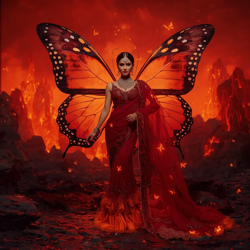 Ruby Fire Butterfly Saree with Volcanic Fantasy Kingdom Background | Midjourney Prompt List