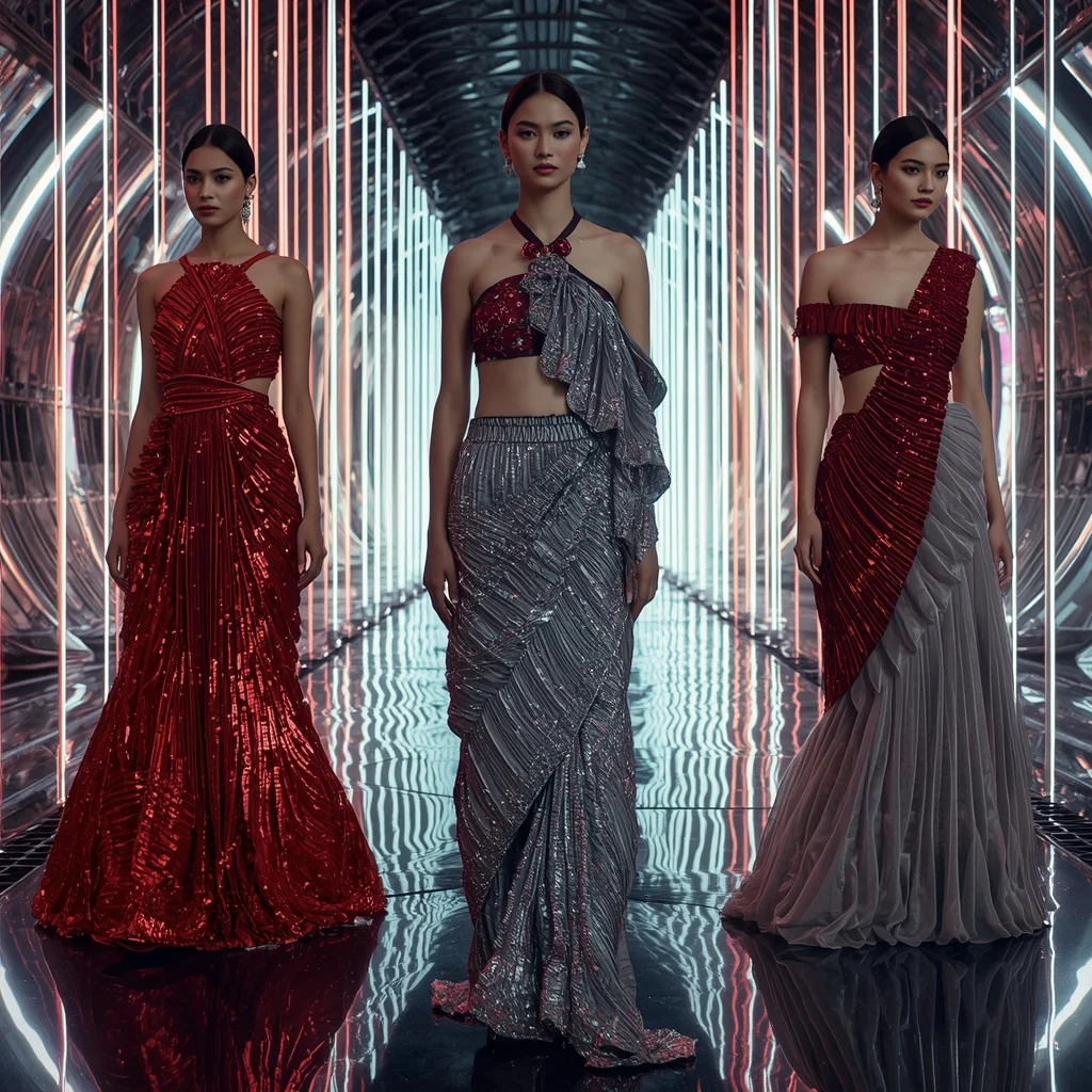 Ruby Frost Couture Saree with Neon Waterfall Tunnel | Prompt For Gemini