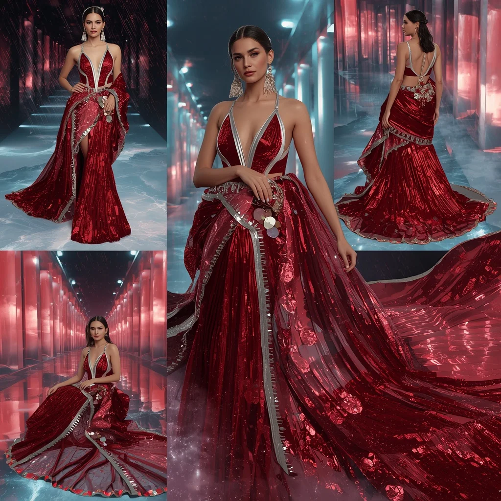Ruby Ice Dynasty Saree with Floating Aurora Hallways | Influencers Ai Prompt