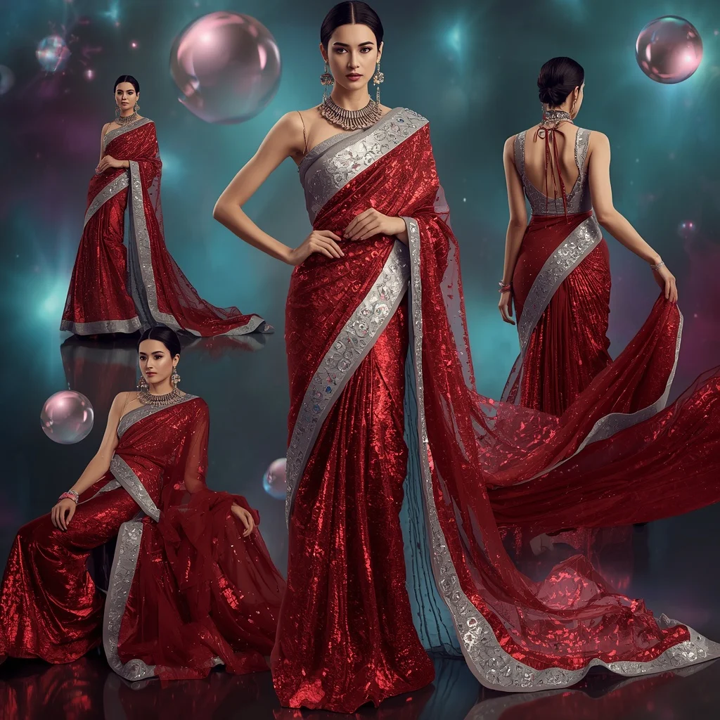 Ruby Ice Majesty Saree with Floating Aurora Domes | Ai Video Generator Prompt