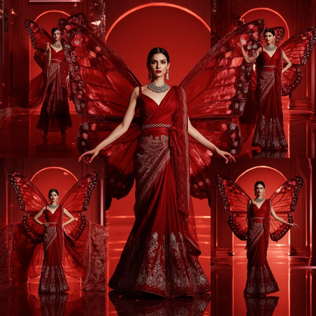 Scarlet Mirage Butterfly Saree with Multiple Dynamic Poses and Crimson Palace Background | Chatgpt Prompt