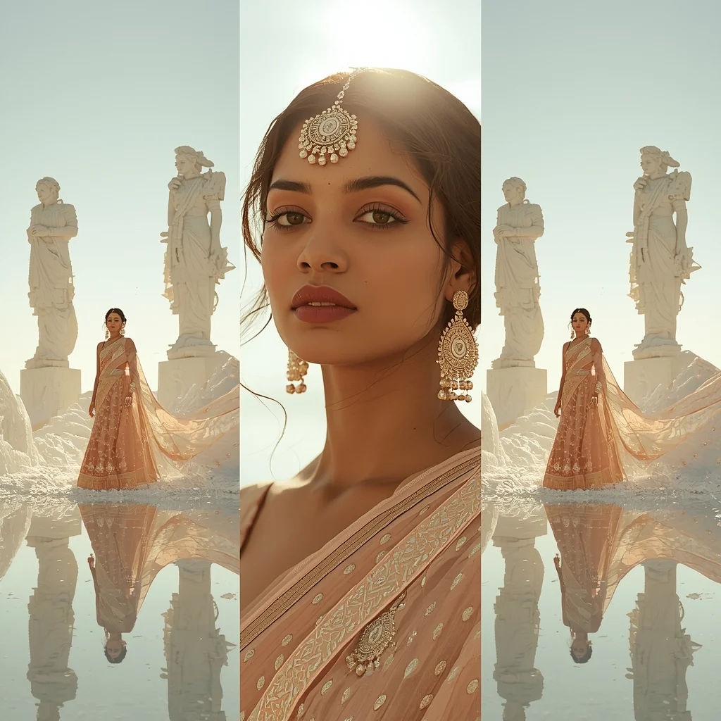 Shattering Frost Statue Desert Triptych Fashion | Saree Look Ai Prompt Modern Style