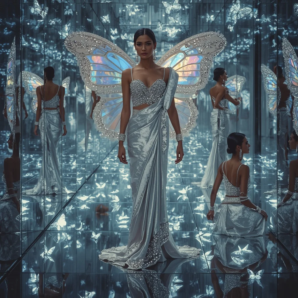 Silver Aurora Butterfly Saree with Multi Pose Infinity Mirror Background | Instagram Post Ai Prompt