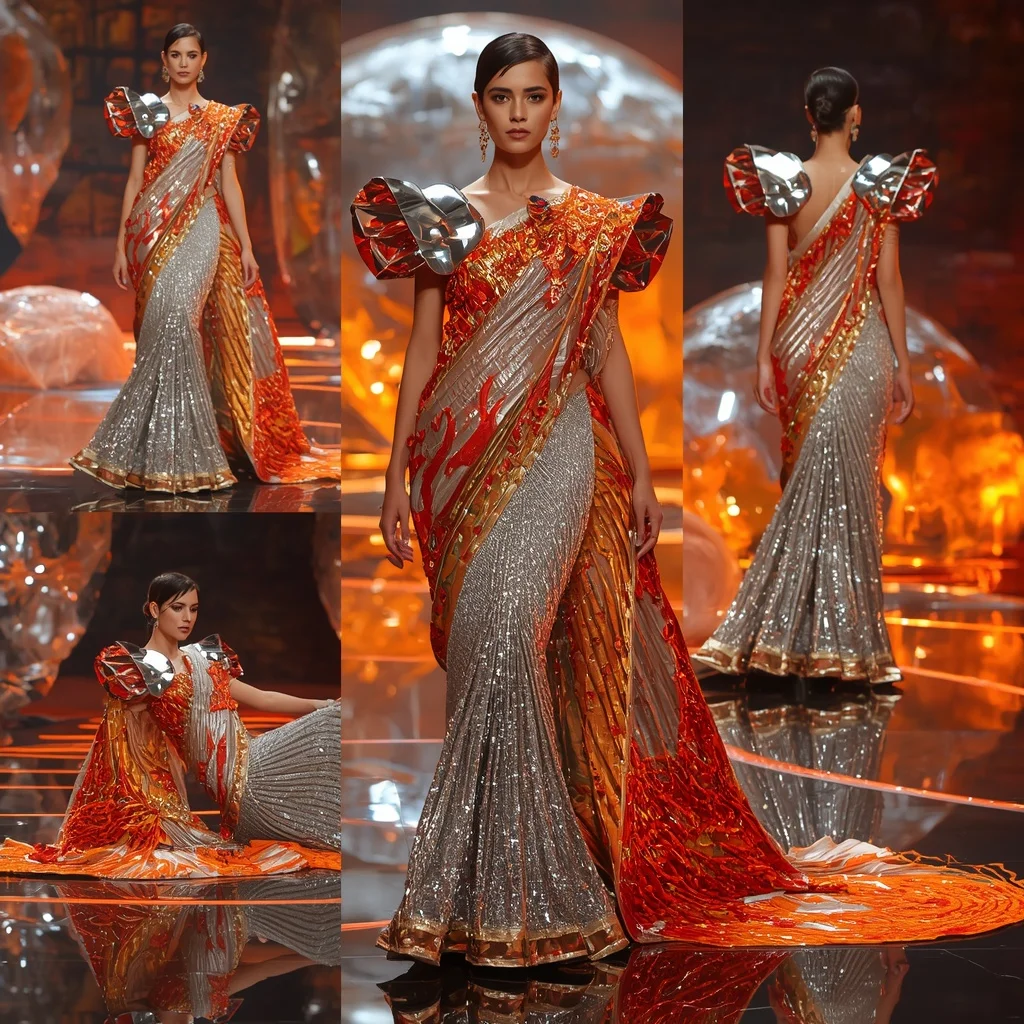 Silver Inferno Symphony Saree with Futuristic Crystal Domes | Selfie Prompt