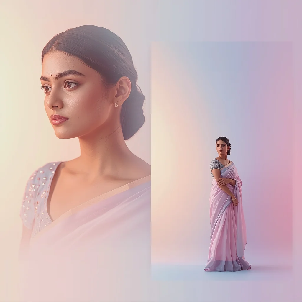Soft Gradient Layer Saree Prompt with Depth Fade Background and Cinematic Smooth Glow | Chatgpt Prompt For Saree Look