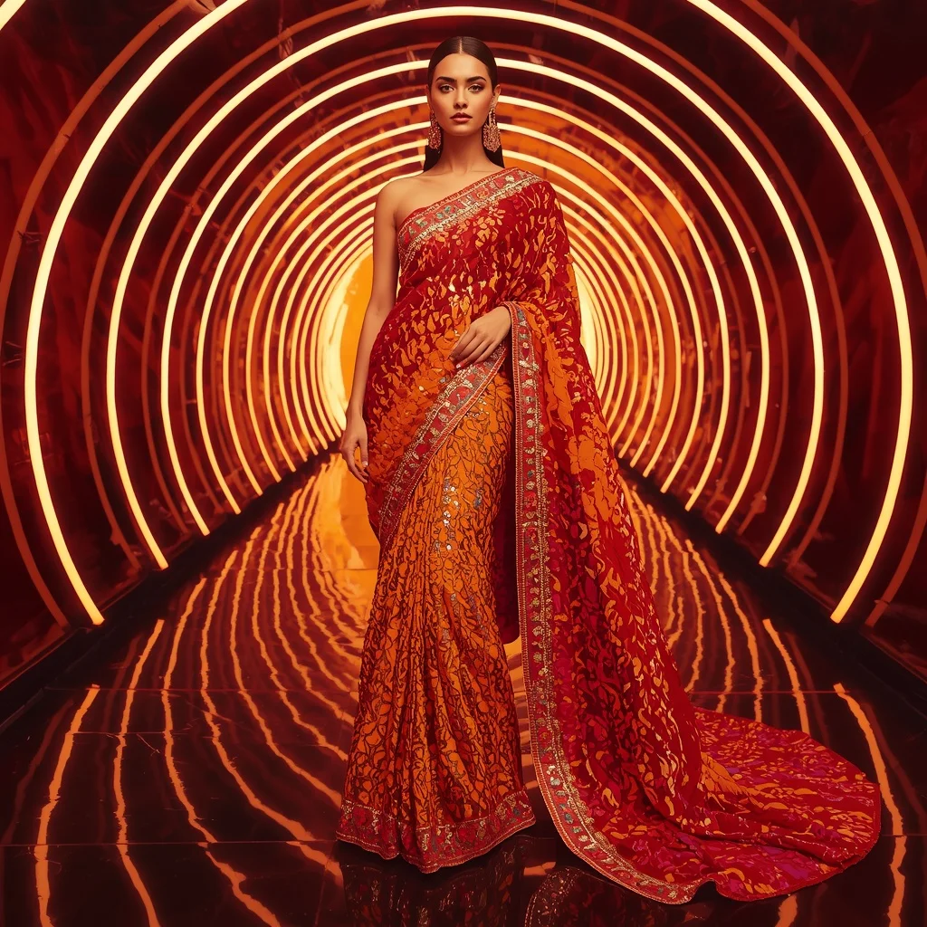 Solar Ember Royale Saree with Infinity Neon Tunnel | Indian Saree Ai Prompt