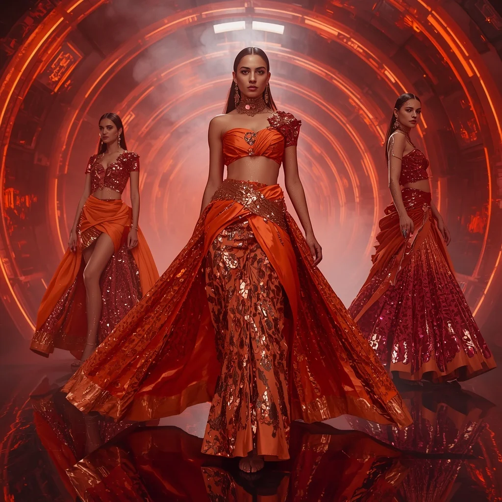 Solar Flame Sculpted Saree with Neon Lava Corridor | Image Prompt