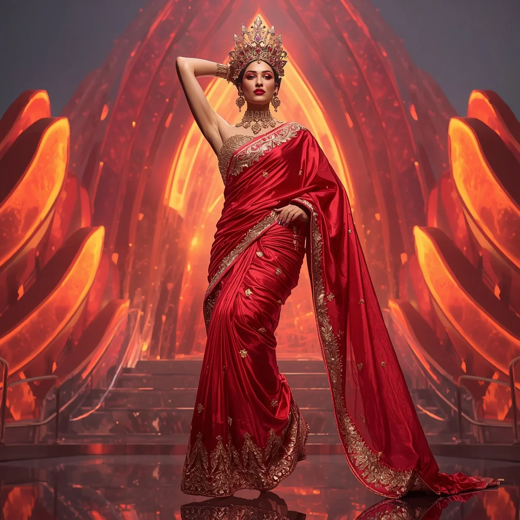 Solar Scarlet Infinityveil Lotus Festival Saree with Flame Ribbon Infinity Crown Dominion Empire Fortress | Instagram Influencer Ai Prompt