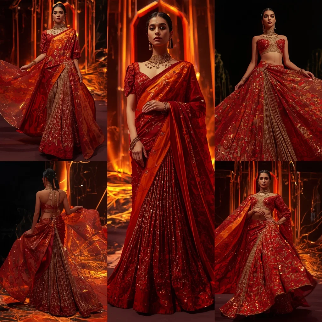 Sunset Royal Inferno Saree with Neon Lava Cathedrals | Ai Prompt