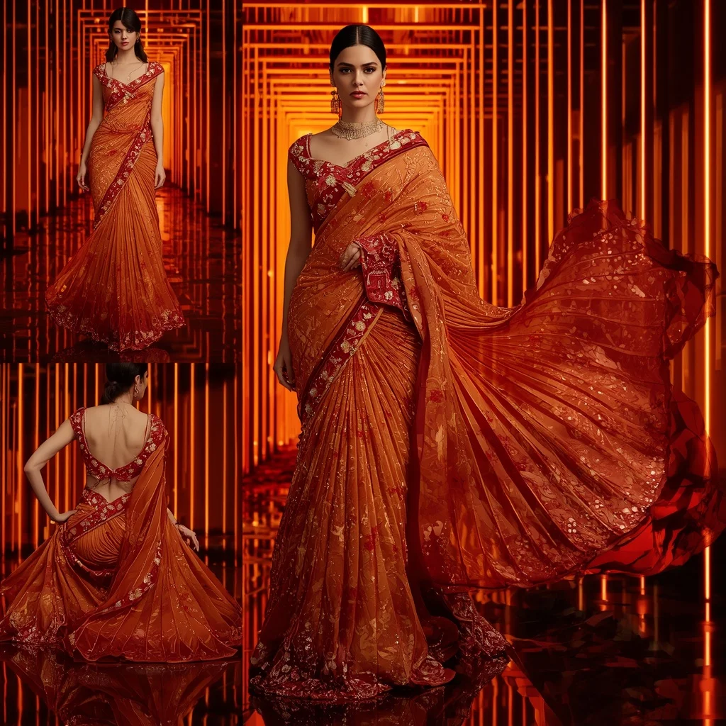 Sunset Royal Inferno Saree with Neon Lava Hallways | Desi Girl Ai Prompt