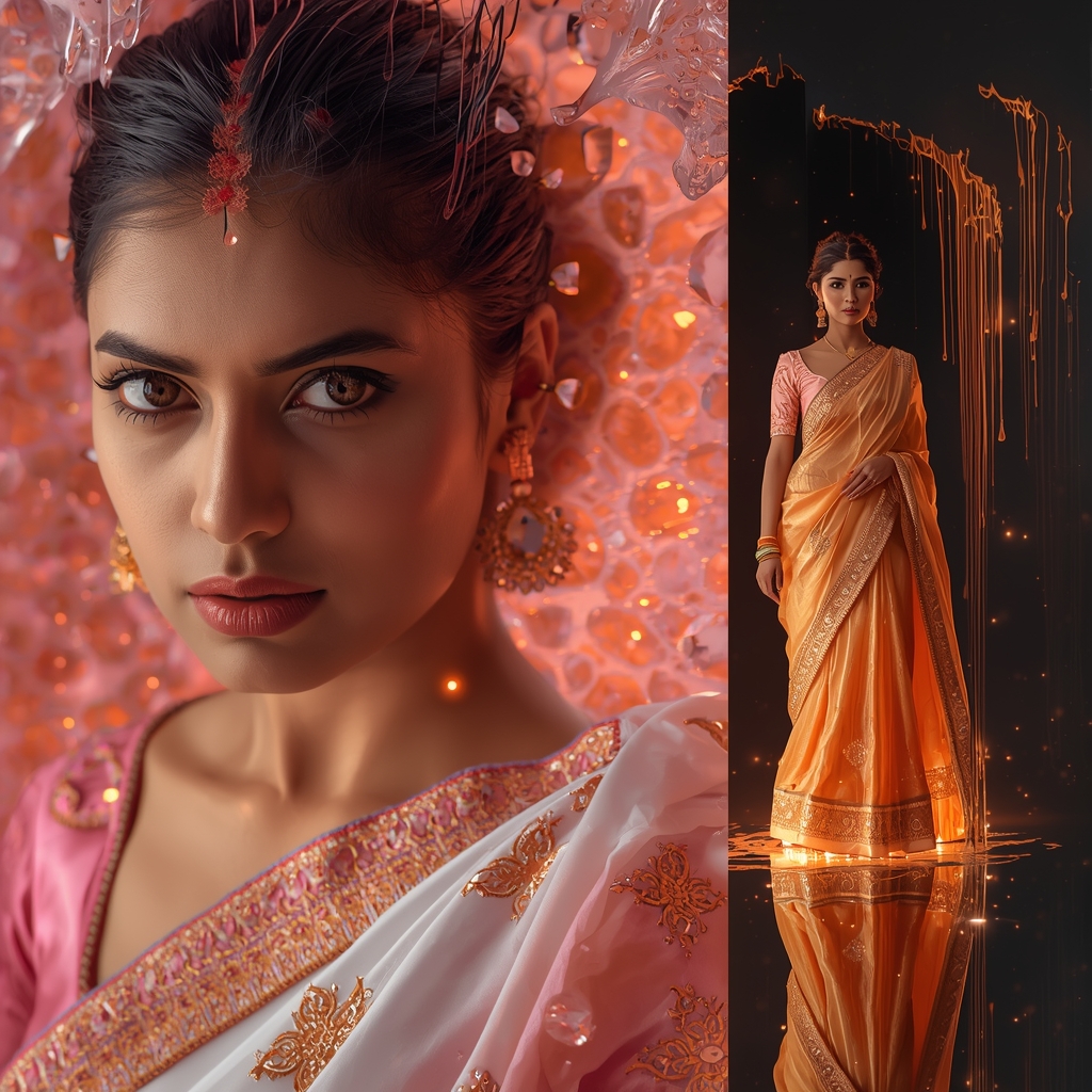 Three Panel Grid molten quartz fluid fluid blend saree collage | Aesthetic Saree Ai Prompt
