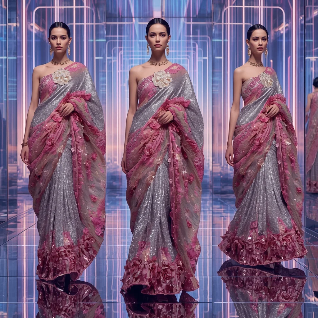 Titanium Blossom Saree with Aurora Reflection Chamber | Character Design Ai Prompt