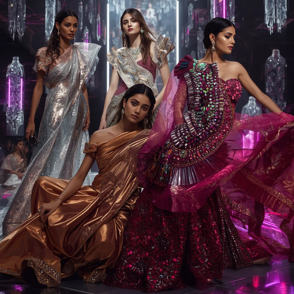 Titanium Crystal Inferno Saree with Floating Neon Towers | Instagram Model Ai Prompt