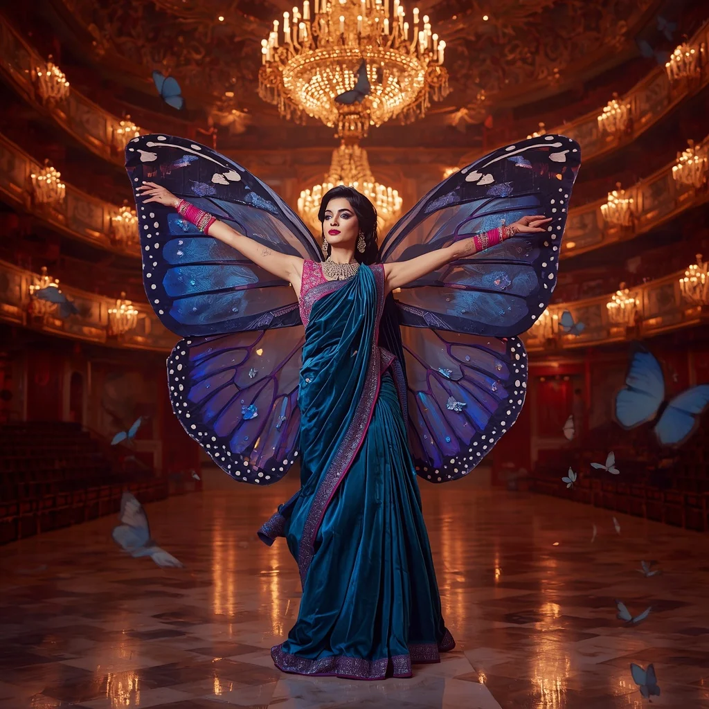 Velvet Butterfly Mirage Saree with Luxury Royal Opera Background | Instagram Viral Photo Prompt