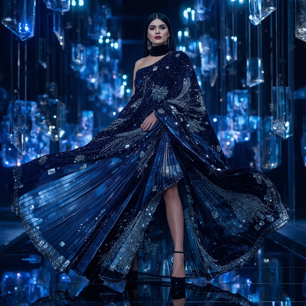 Velvet Crystal Nebula Saree with Floating LED Infinity Chambers | Gemini Photo Prompt
