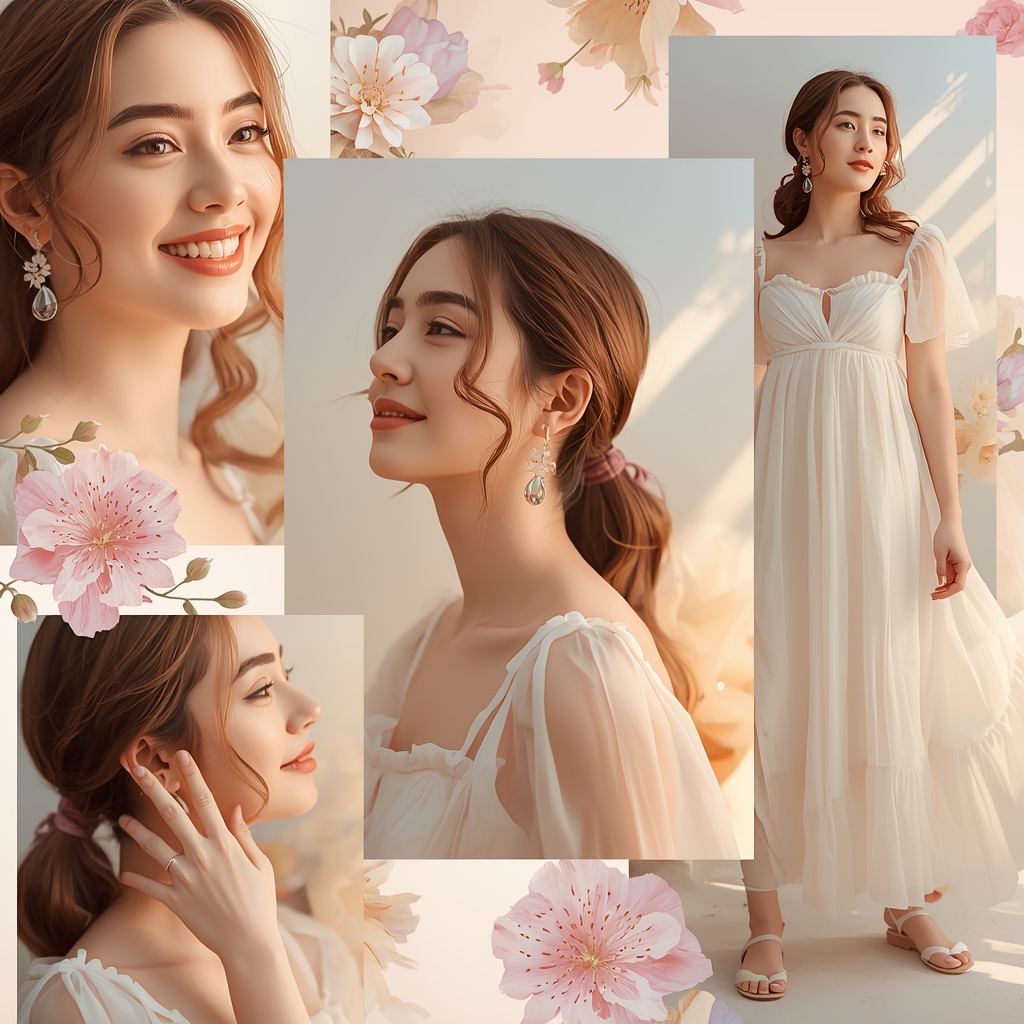 Western Dress Blossom Collage | Woman Floral Soft Aesthetic Cinematic Viral Prompt | Fitness Model Ai Prompt