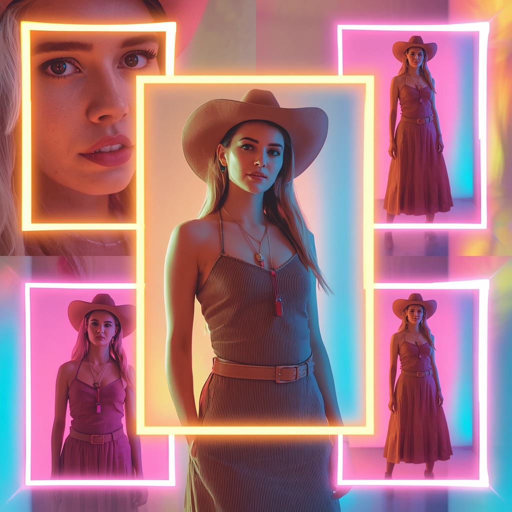 Western Dress Neon Edge Glow Frames Collage Modern Cinematic | Female Model Ai Prompt