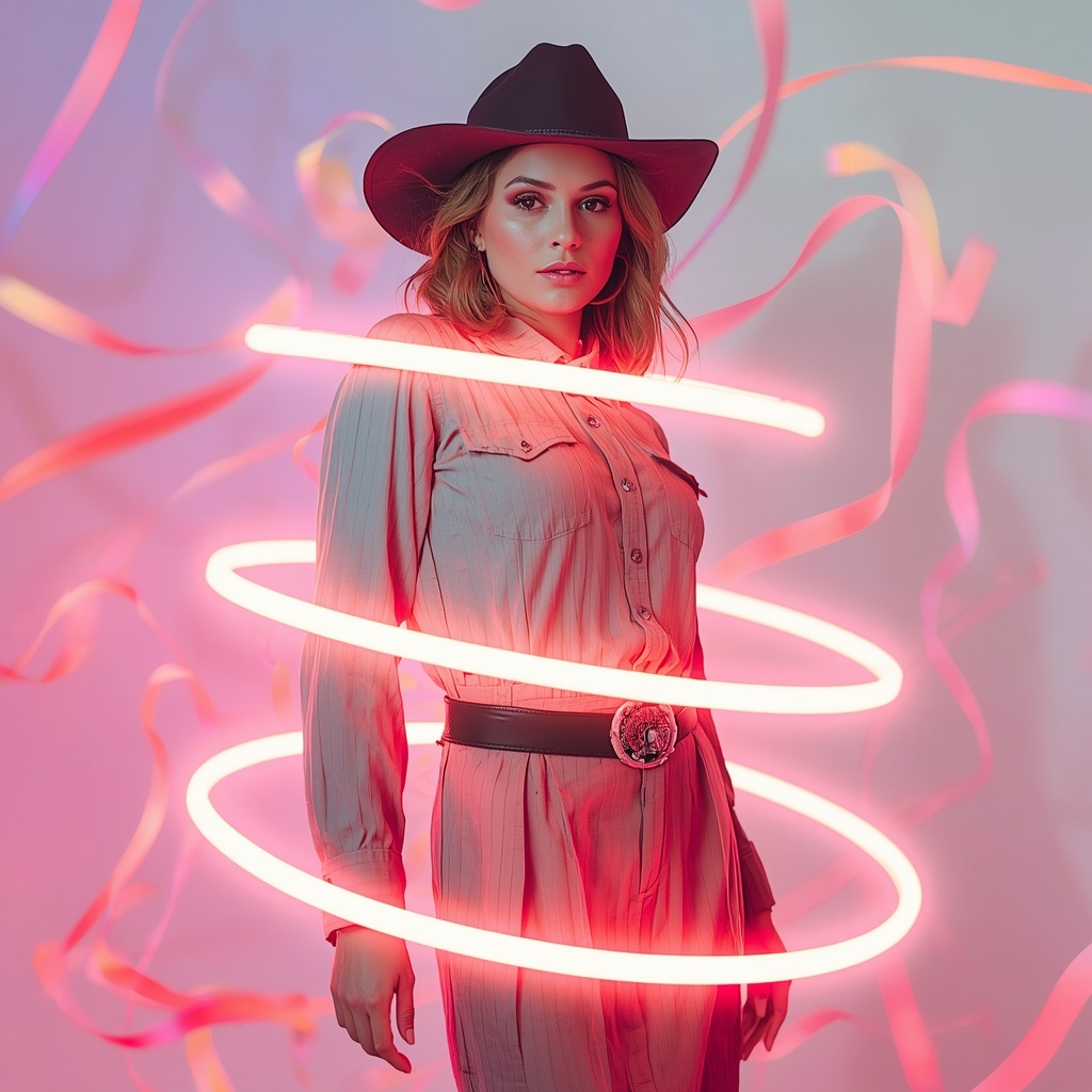Western Dress Neon Light Ribbon Spiral Collage Modern Cinematic | Command Prompt