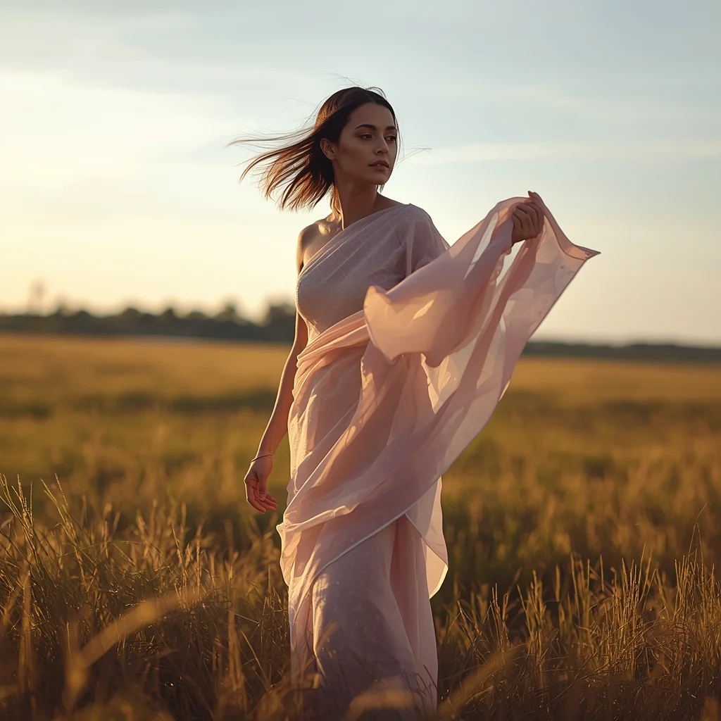Wind Blown Saree Girl Open Field Cinematic Motion Aesthetic Viral Look | Free Ai Prompt